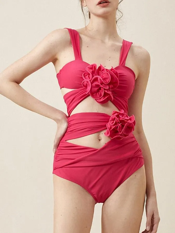 3D Flower Cutout Swimwear - Rose Red