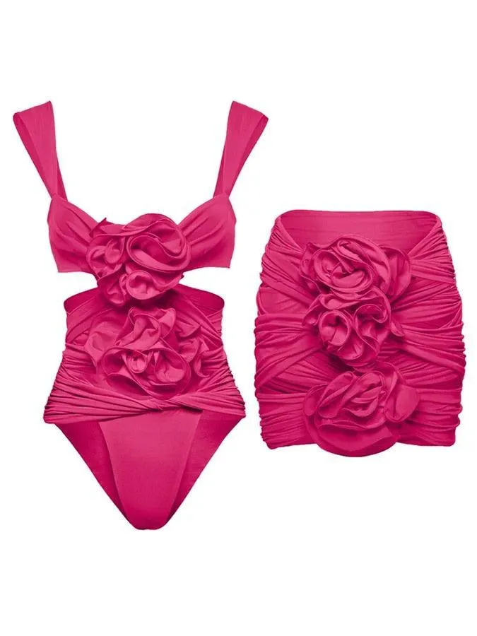 3D Flower Cutout Swimwear - Rose Red
