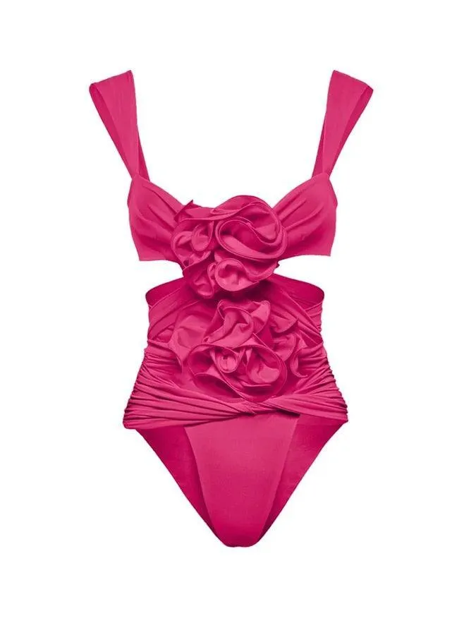 3D Flower Cutout Swimwear - Rose Red