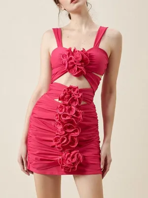 3D Flower Cutout Swimwear - Rose Red