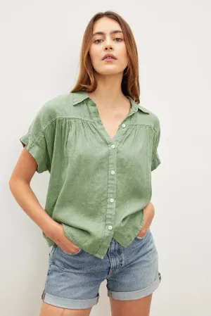 ARIA Linen Short Sleeve Blouse in Aloe