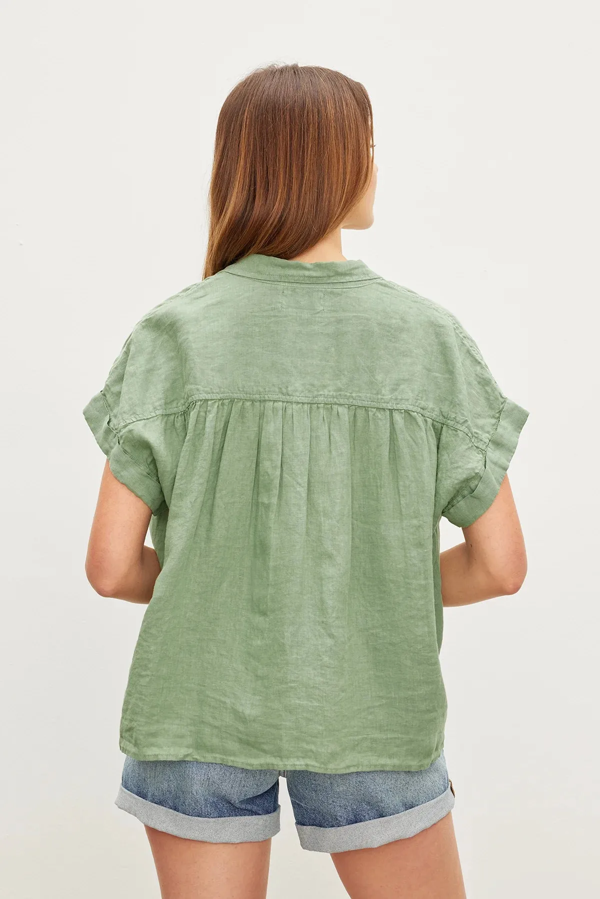 ARIA Linen Short Sleeve Blouse in Aloe