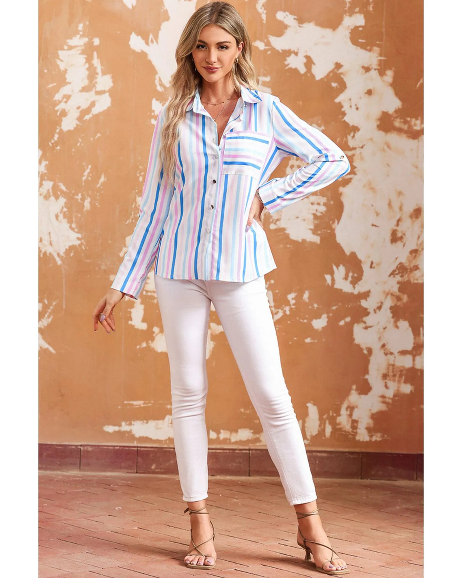 Azura Exchange Striped Roll Tab Sleeve Shirt - L