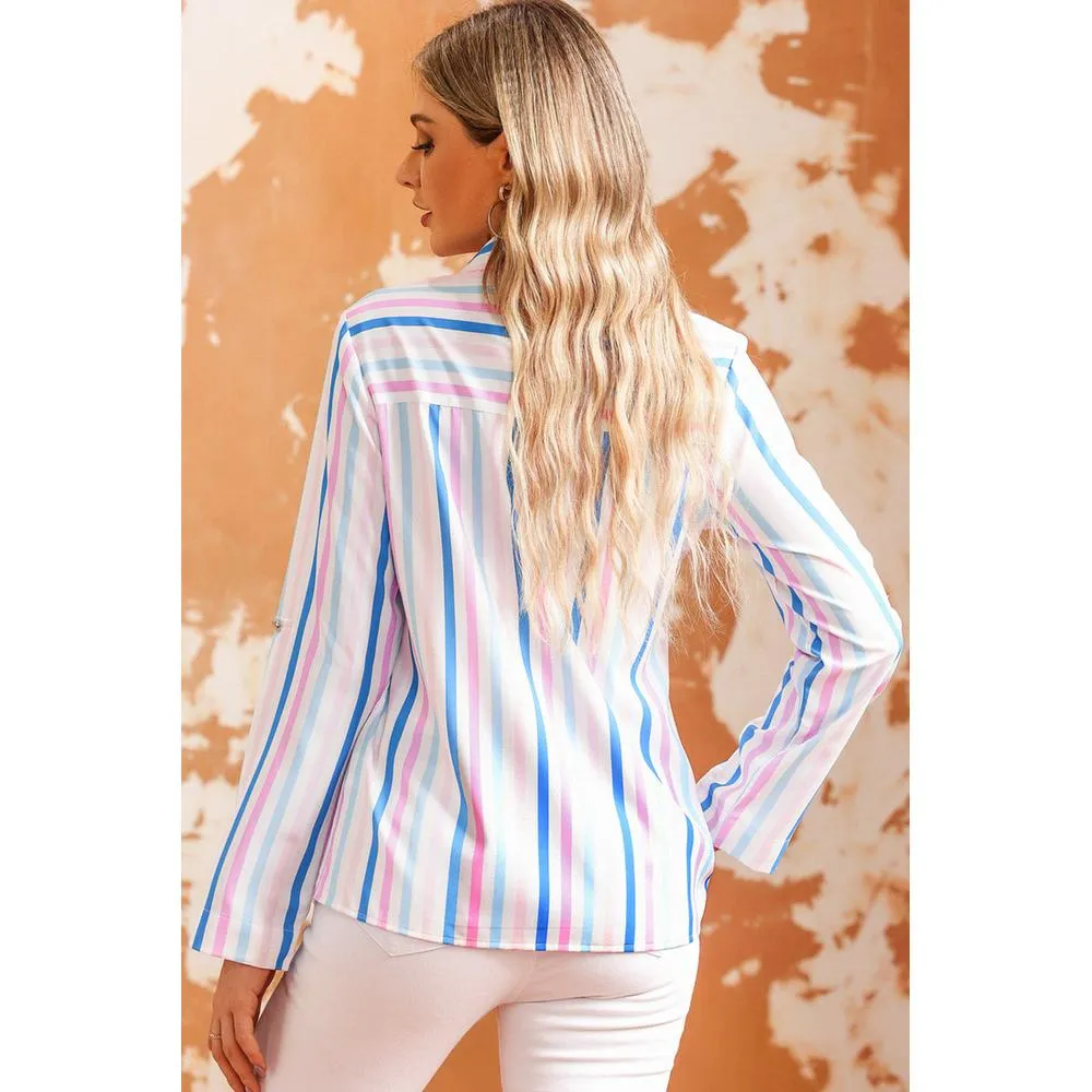 Azura Exchange Striped Roll Tab Sleeve Shirt - L