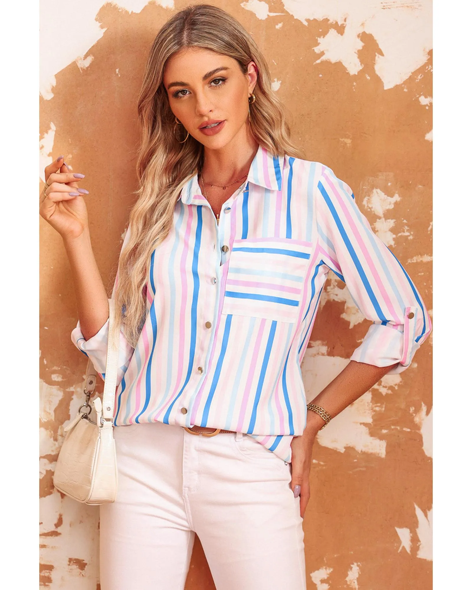 Azura Exchange Striped Roll Tab Sleeve Shirt - L