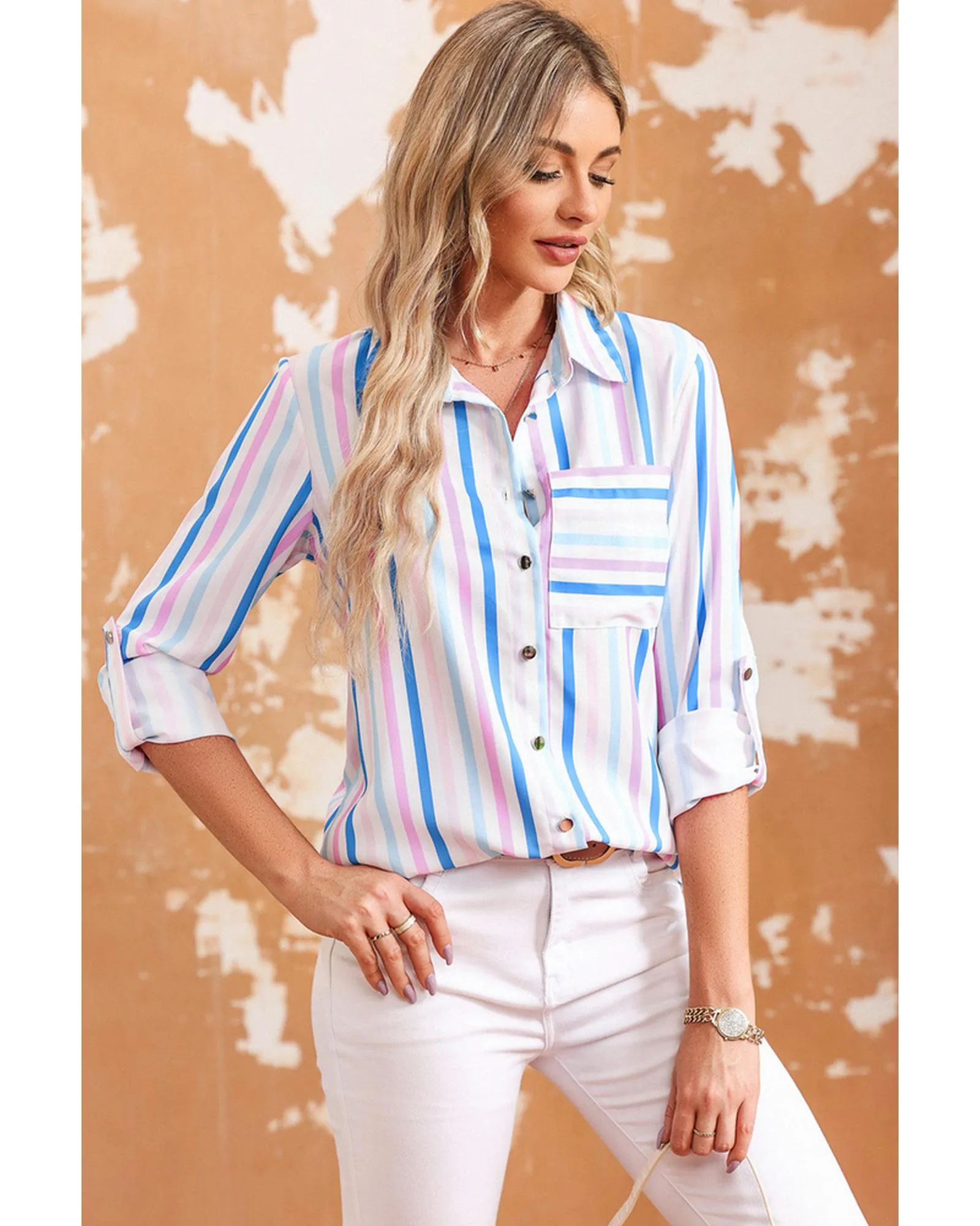 Azura Exchange Striped Roll Tab Sleeve Shirt - L
