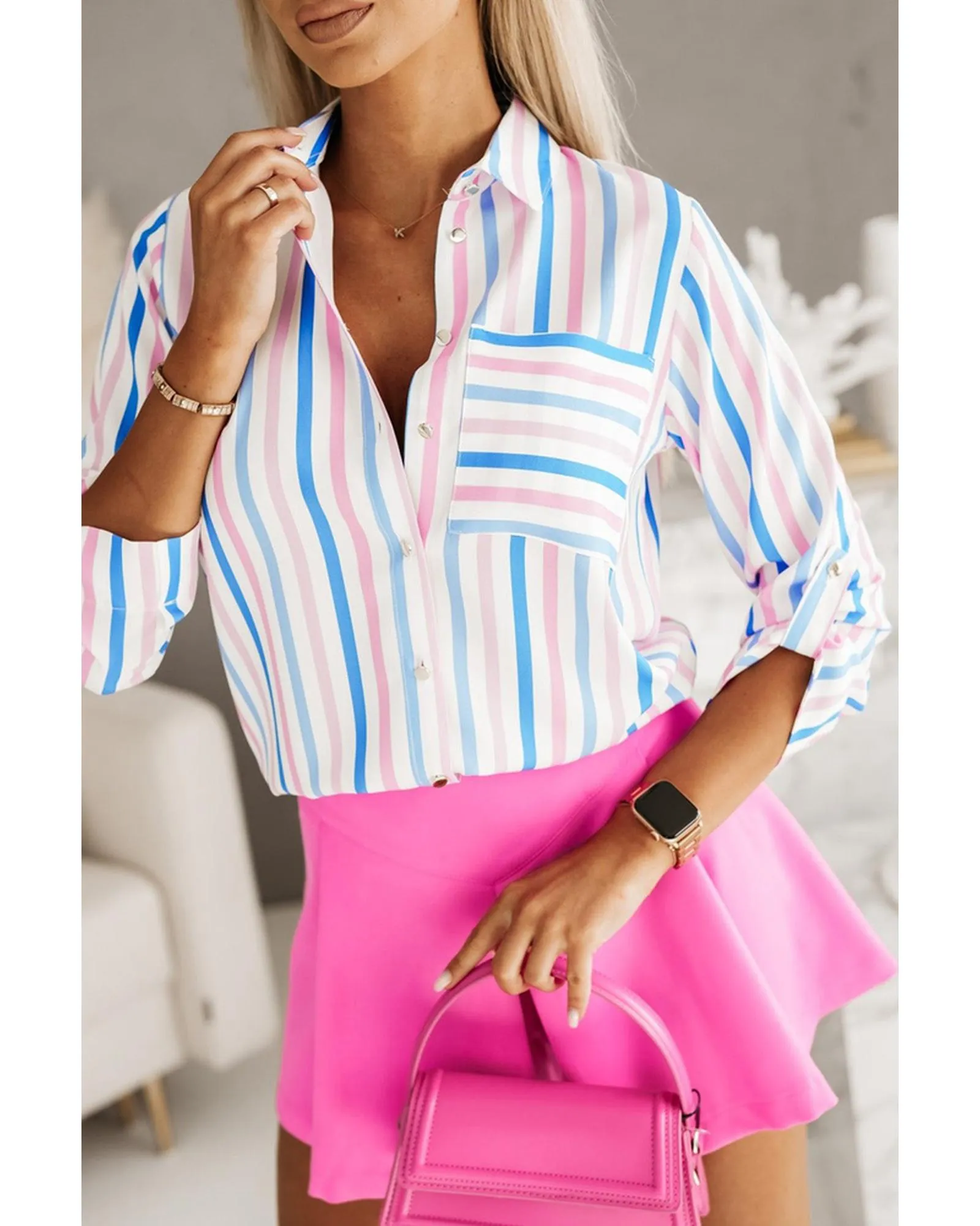 Azura Exchange Striped Roll Tab Sleeve Shirt - L