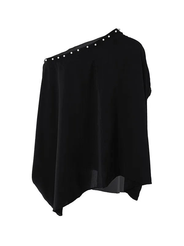 Beaded Loose Raglan Sleeve One-Shoulder T-Shirts Tops