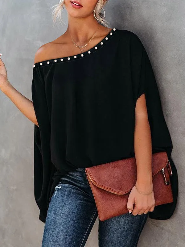 Beaded Loose Raglan Sleeve One-Shoulder T-Shirts Tops