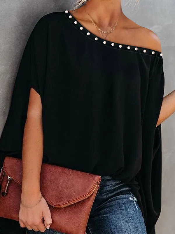 Beaded Loose Raglan Sleeve One-Shoulder T-Shirts Tops