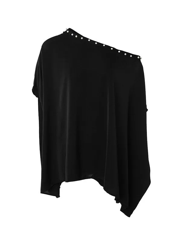 Beaded Loose Raglan Sleeve One-Shoulder T-Shirts Tops