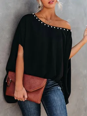 Beaded Loose Raglan Sleeve One-Shoulder T-Shirts Tops