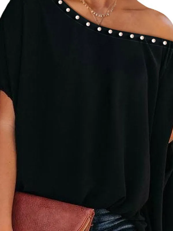 Beaded Loose Raglan Sleeve One-Shoulder T-Shirts Tops