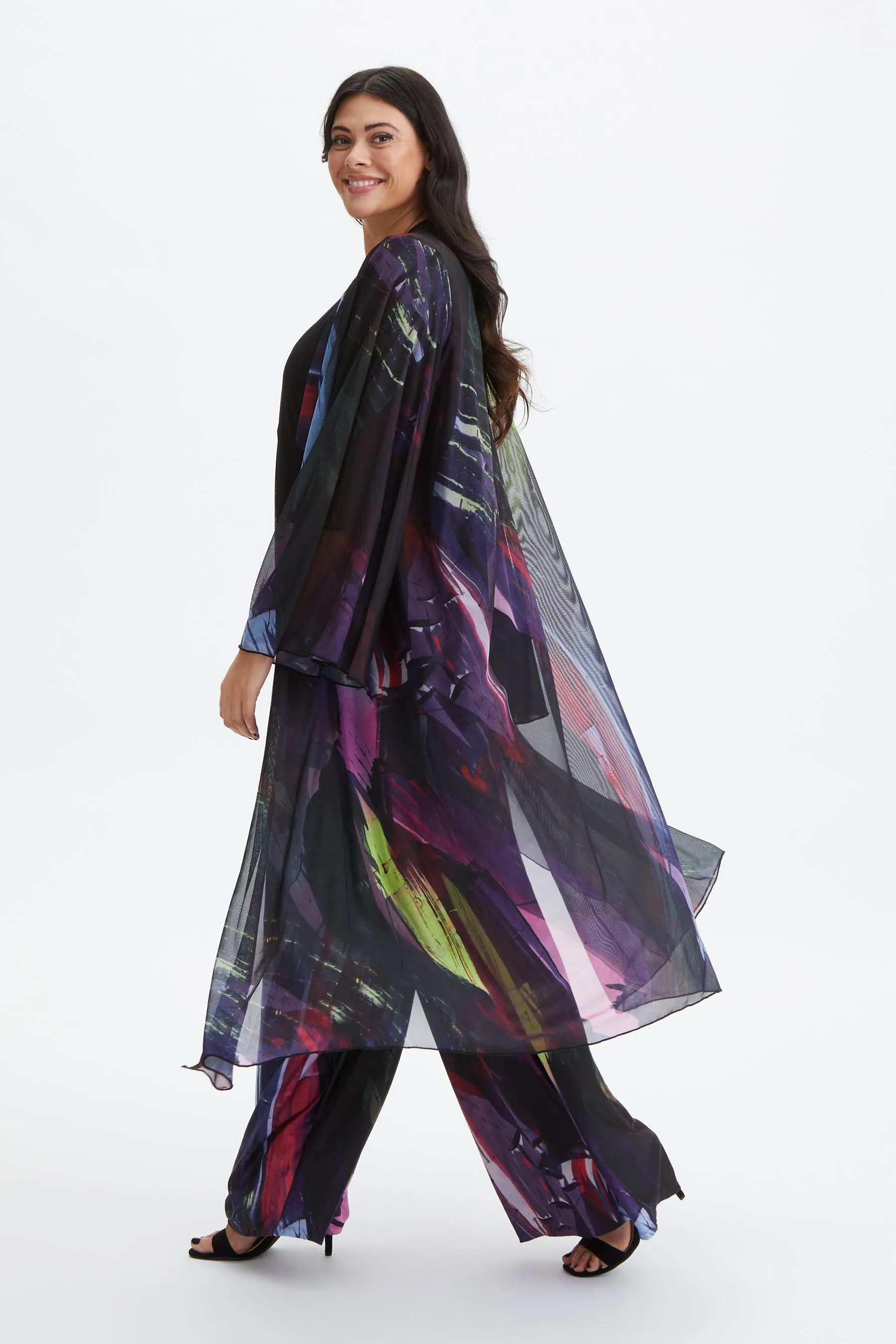 Black Abstract Waterfall Long Mesh Kimono