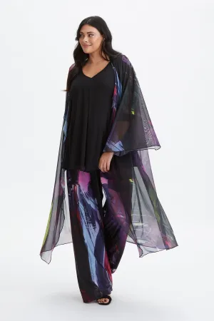 Black Abstract Waterfall Long Mesh Kimono