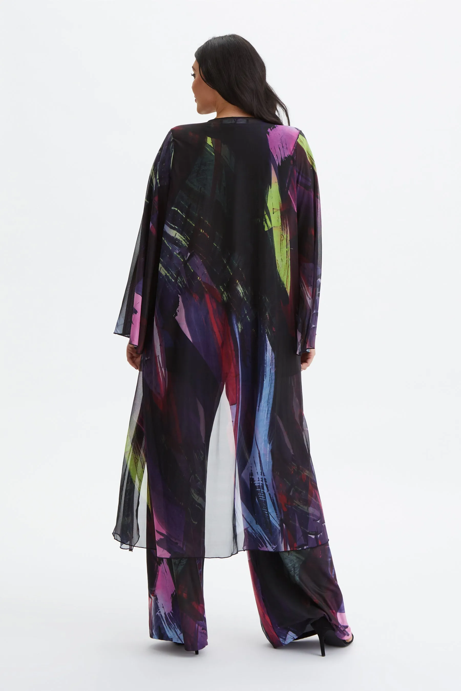 Black Abstract Waterfall Long Mesh Kimono