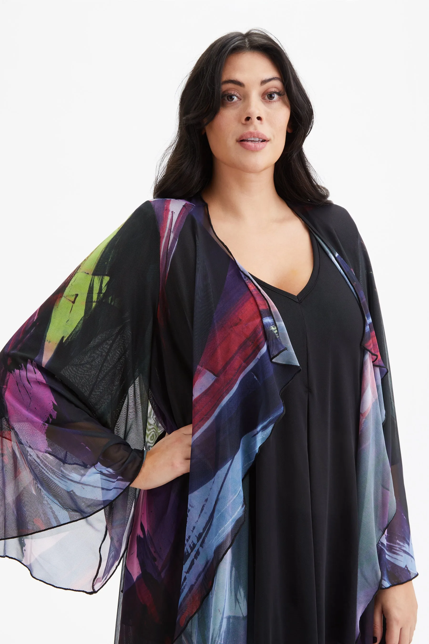 Black Abstract Waterfall Long Mesh Kimono