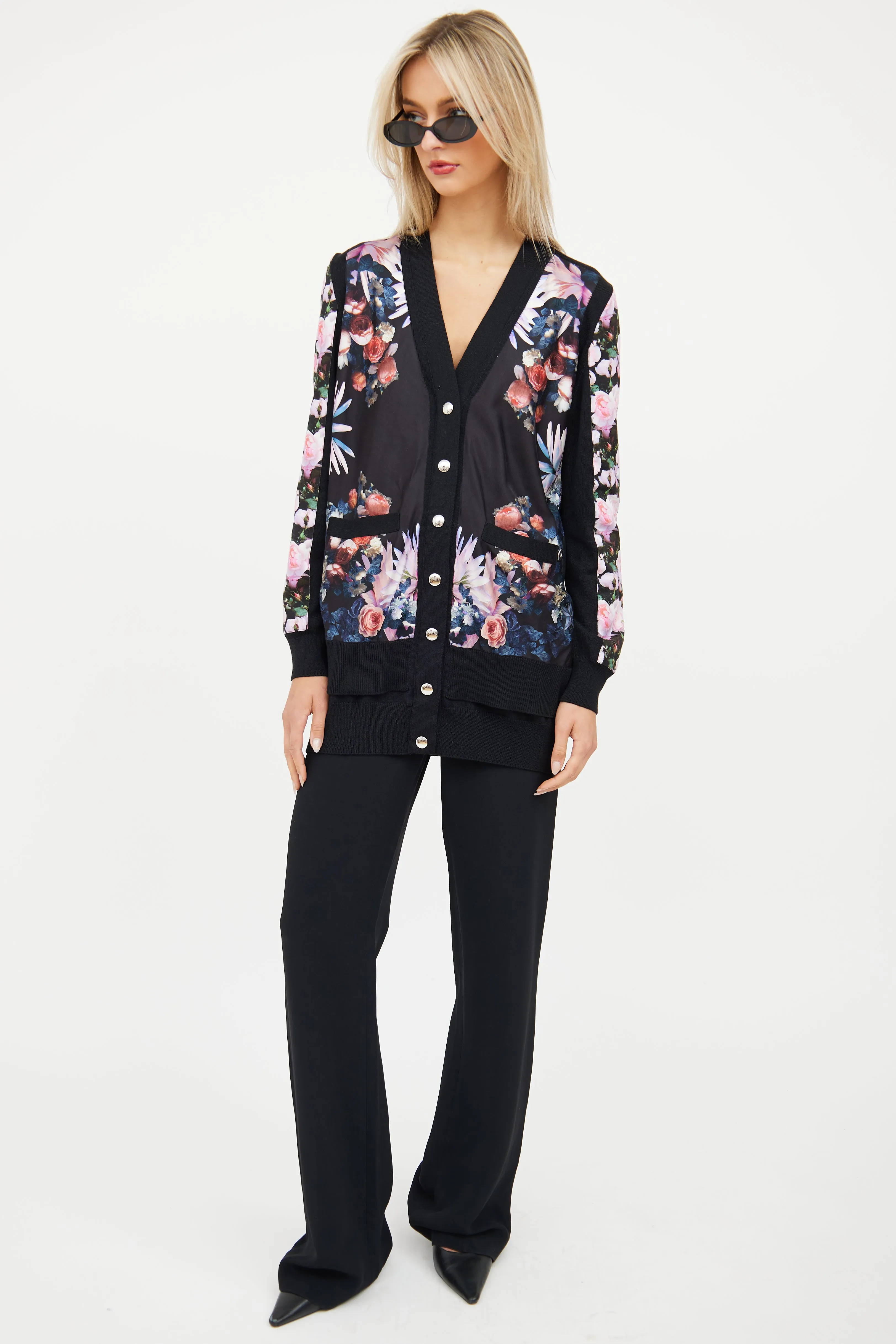 Black & Multi Floral Silk Knit Cardigan