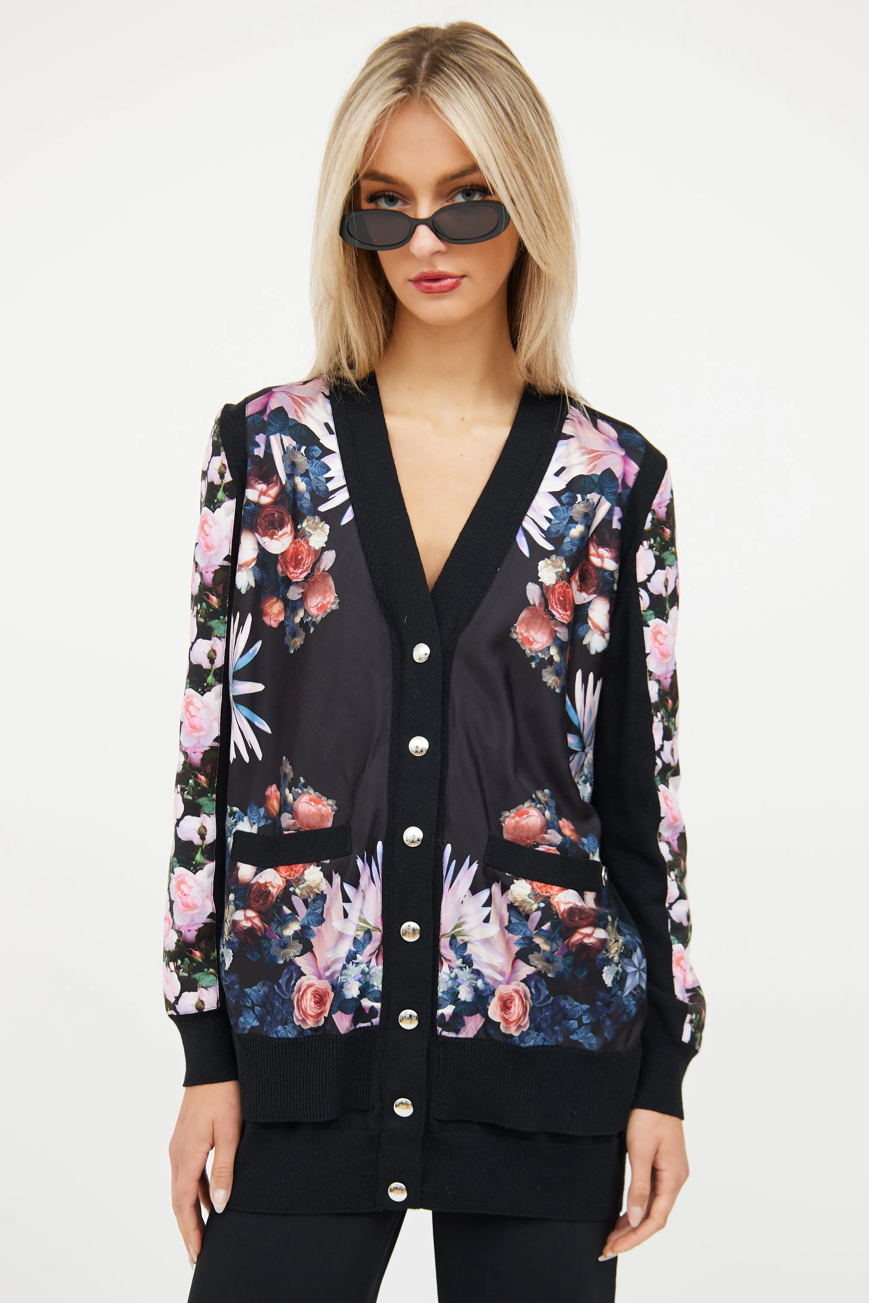 Black & Multi Floral Silk Knit Cardigan
