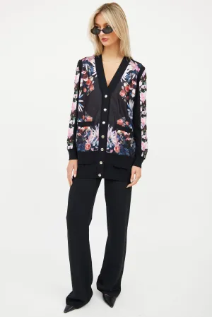 Black & Multi Floral Silk Knit Cardigan