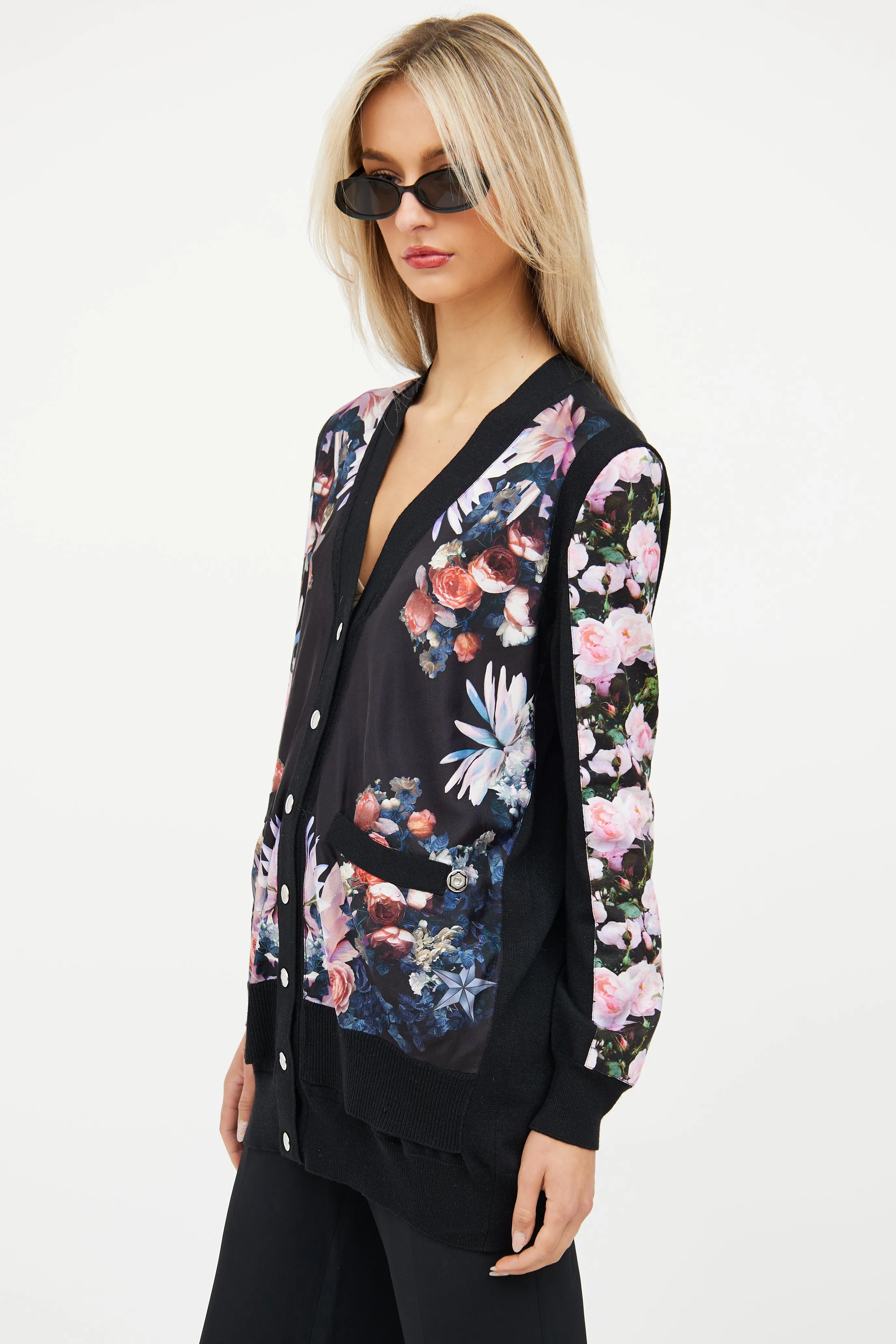 Black & Multi Floral Silk Knit Cardigan