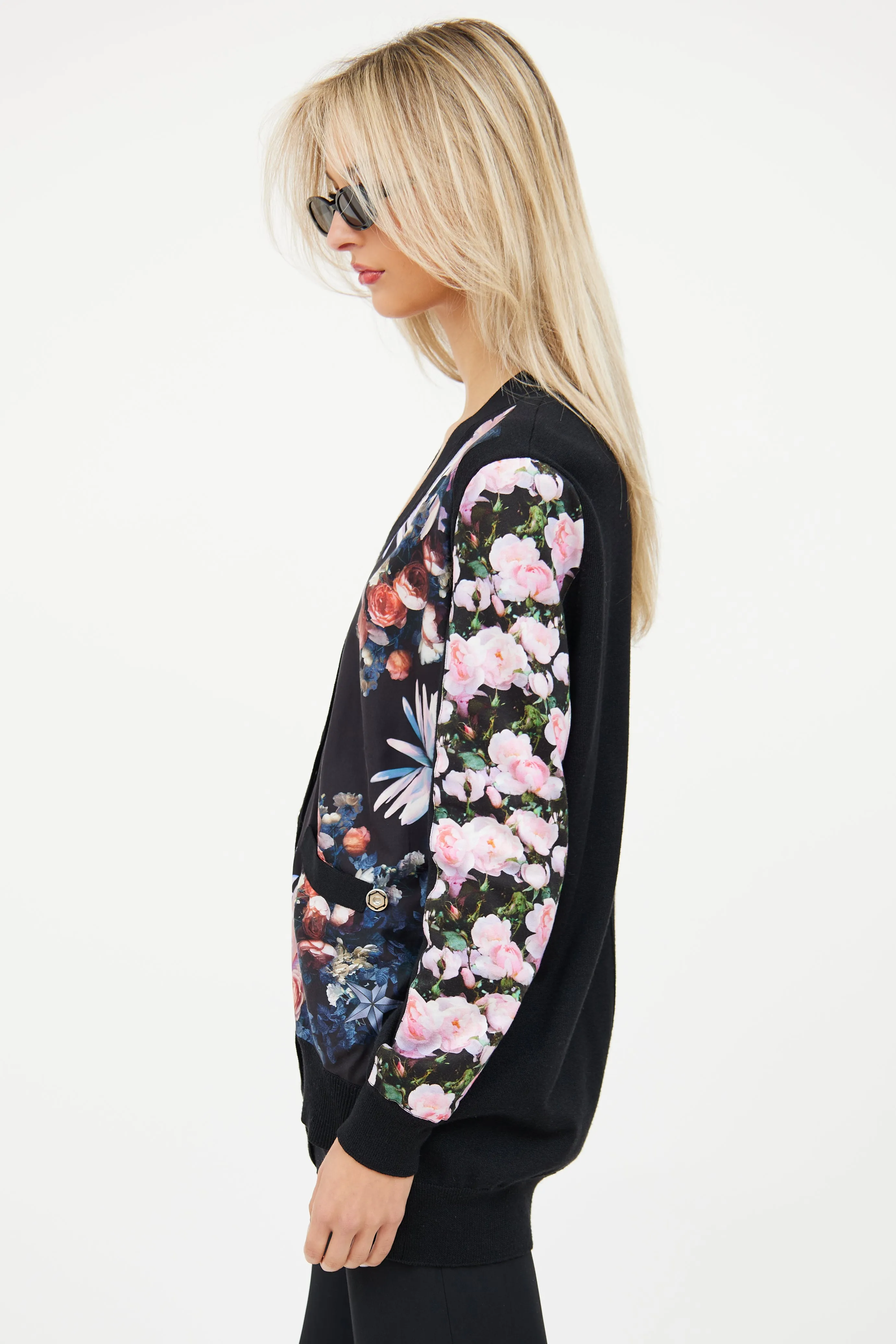 Black & Multi Floral Silk Knit Cardigan