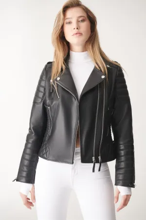 Black Biker Leather Jacket for Women