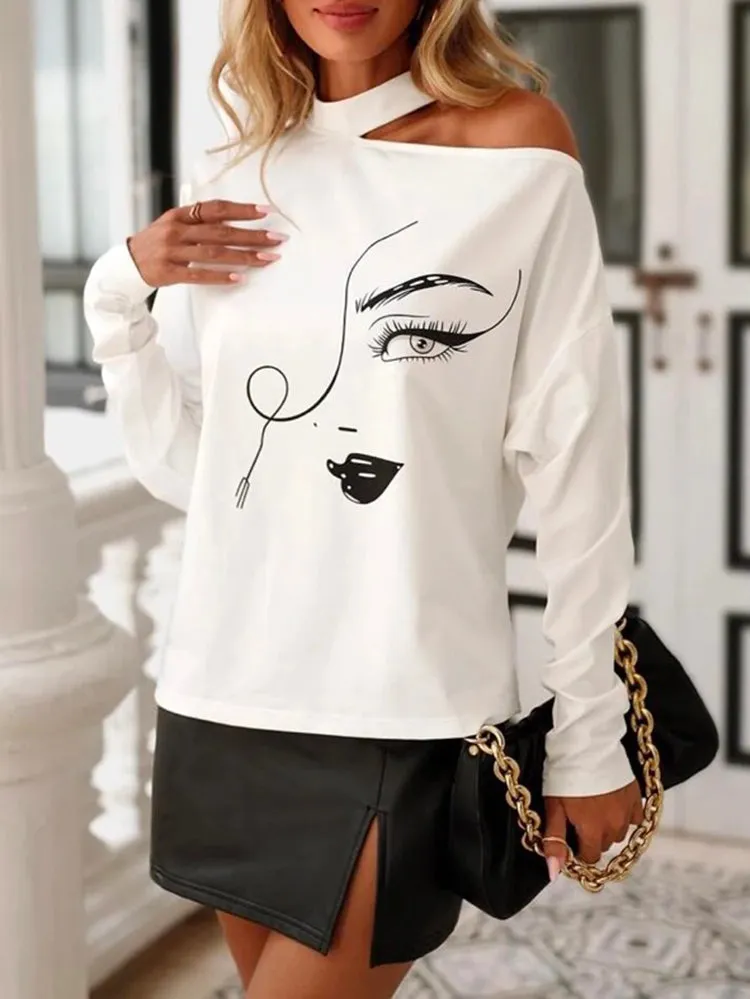 Bohemia Abstract Printed Asymmetric Hollow Round-Neck T-Shirts Tops