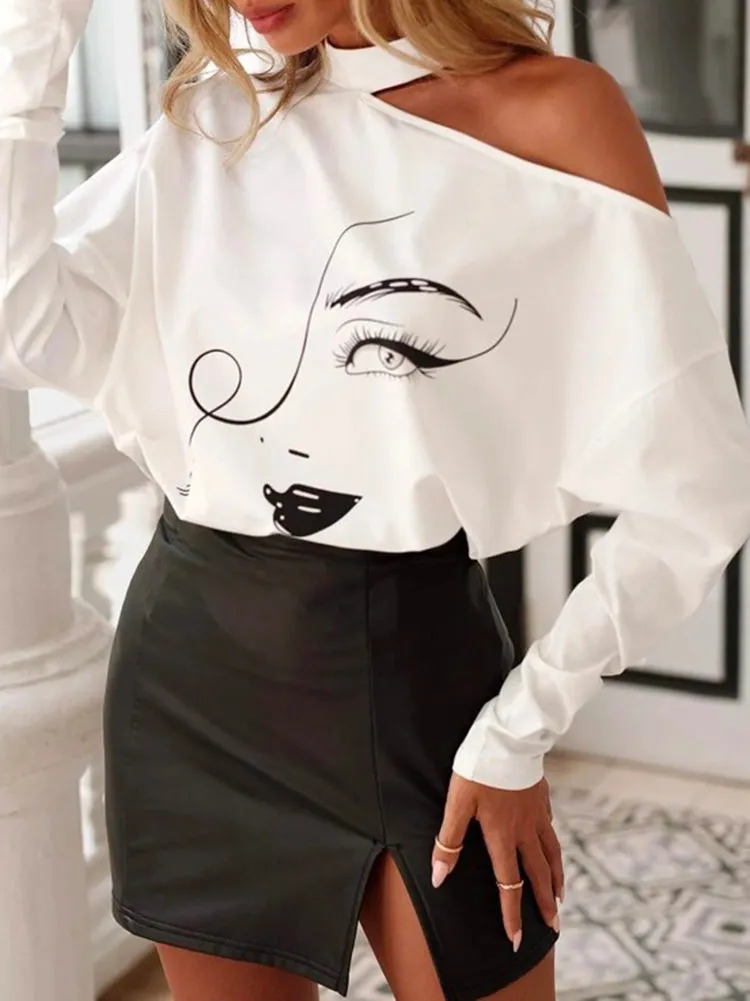 Bohemia Abstract Printed Asymmetric Hollow Round-Neck T-Shirts Tops
