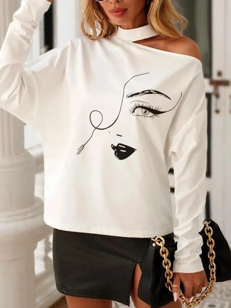 Bohemia Abstract Printed Asymmetric Hollow Round-Neck T-Shirts Tops