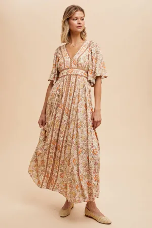 BORDER PRINT FLUTTER SLEEVE MAXI