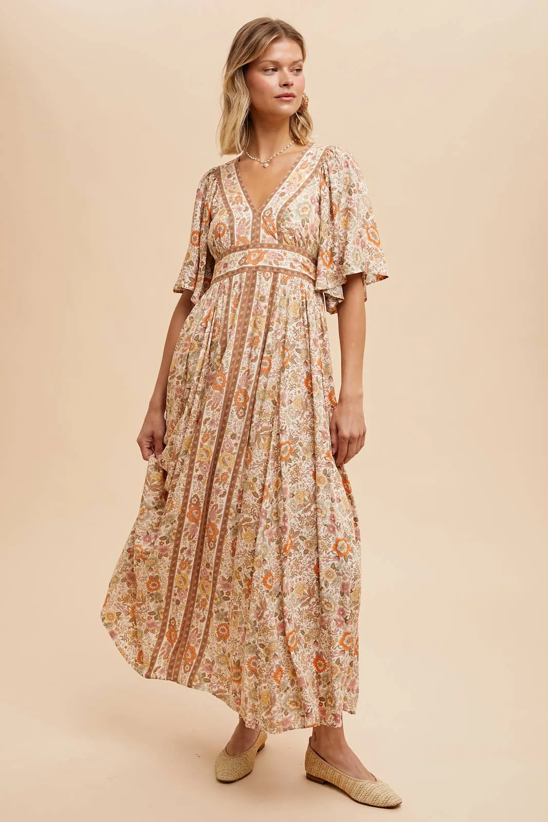 BORDER PRINT FLUTTER SLEEVE MAXI