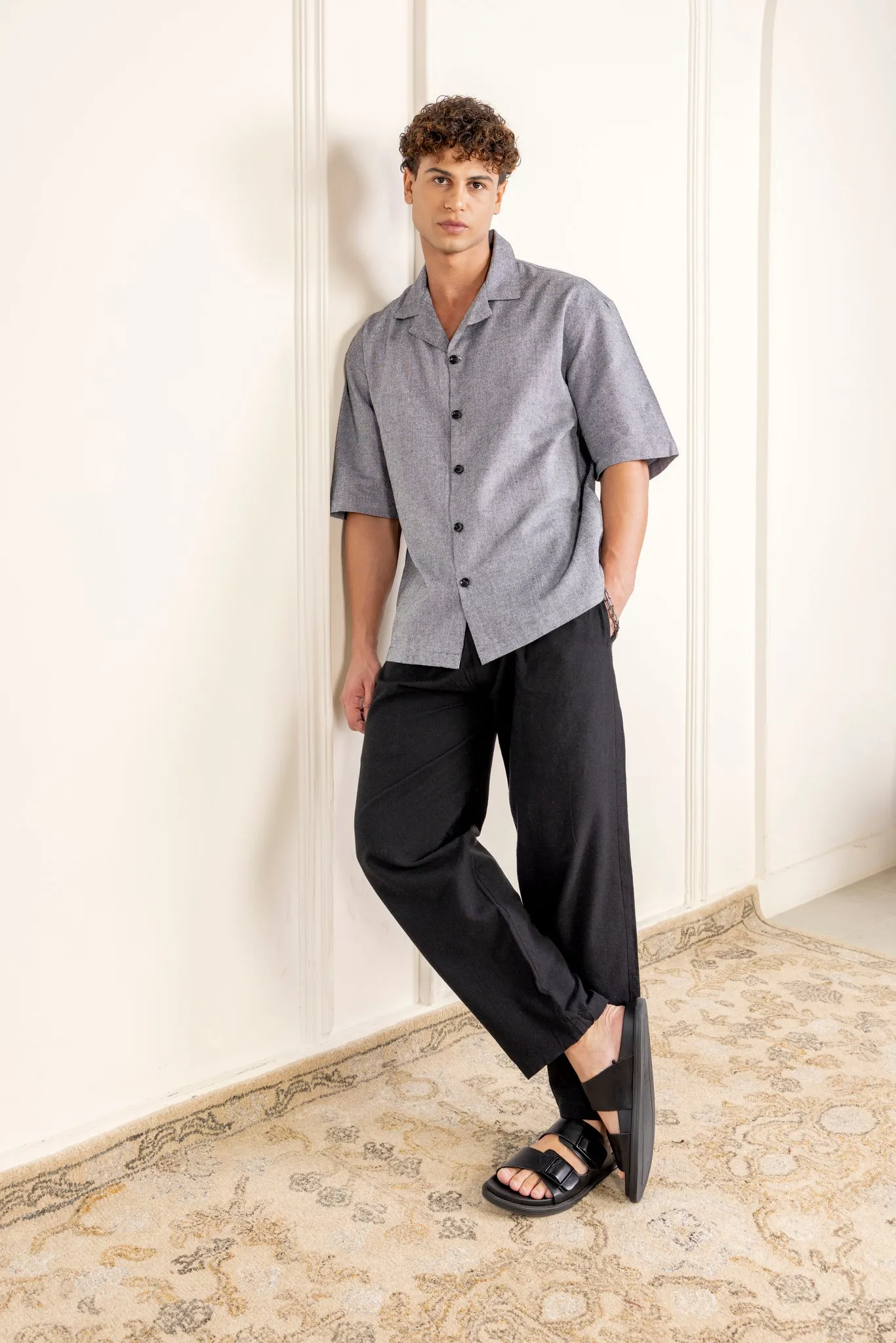 Box Fit Cuban Collar Shirt For Men | Grey