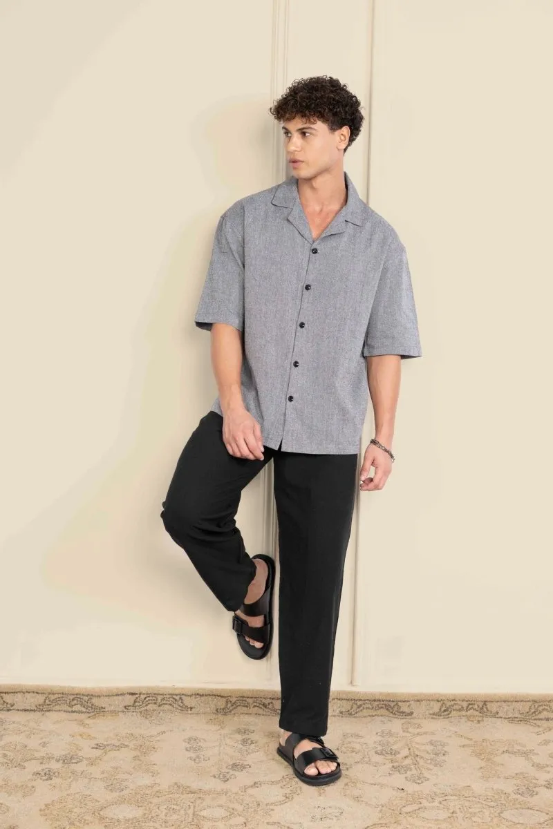 Box Fit Cuban Collar Shirt For Men | Grey
