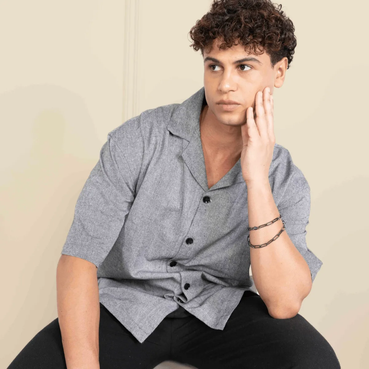 Box Fit Cuban Collar Shirt For Men | Grey