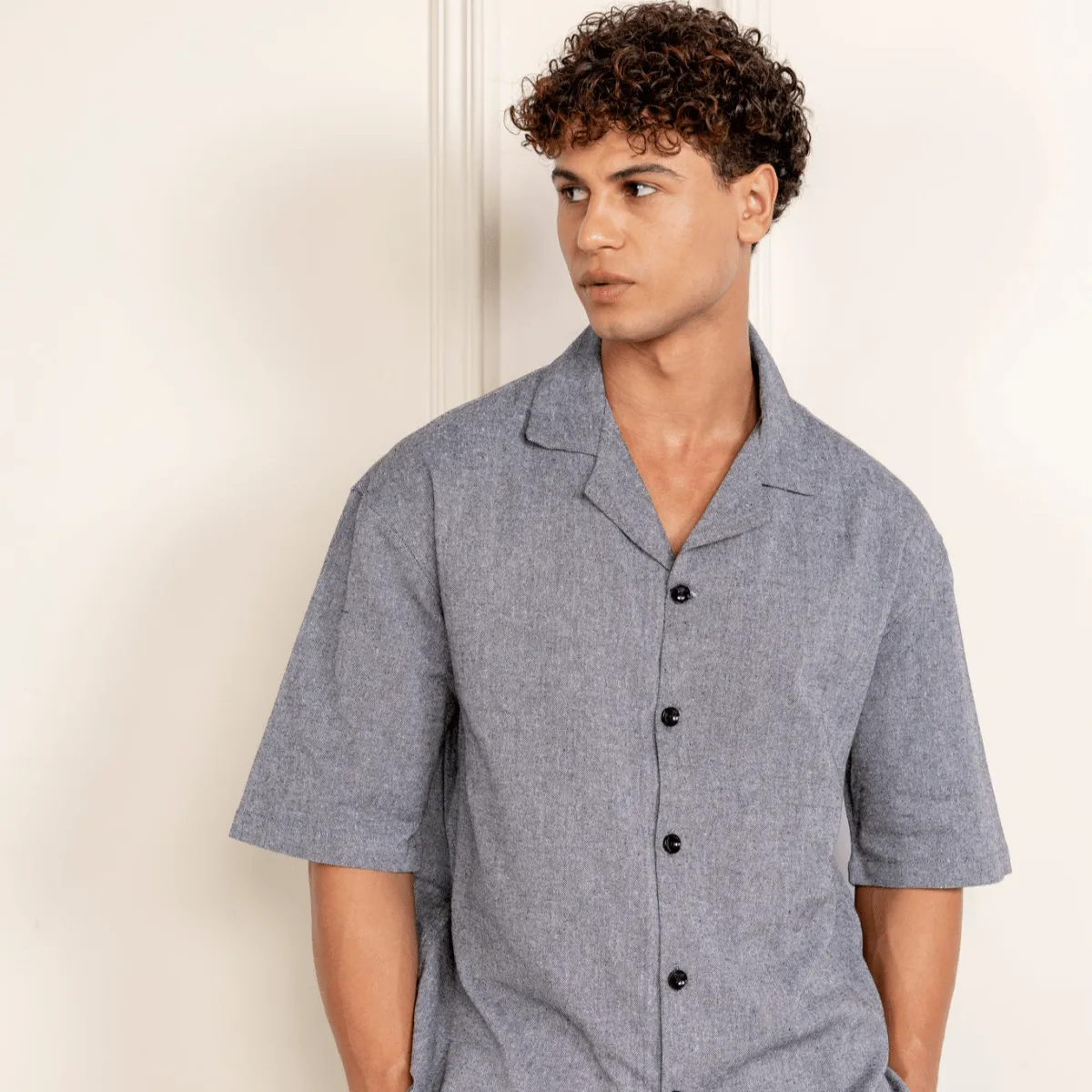 Box Fit Cuban Collar Shirt For Men | Grey