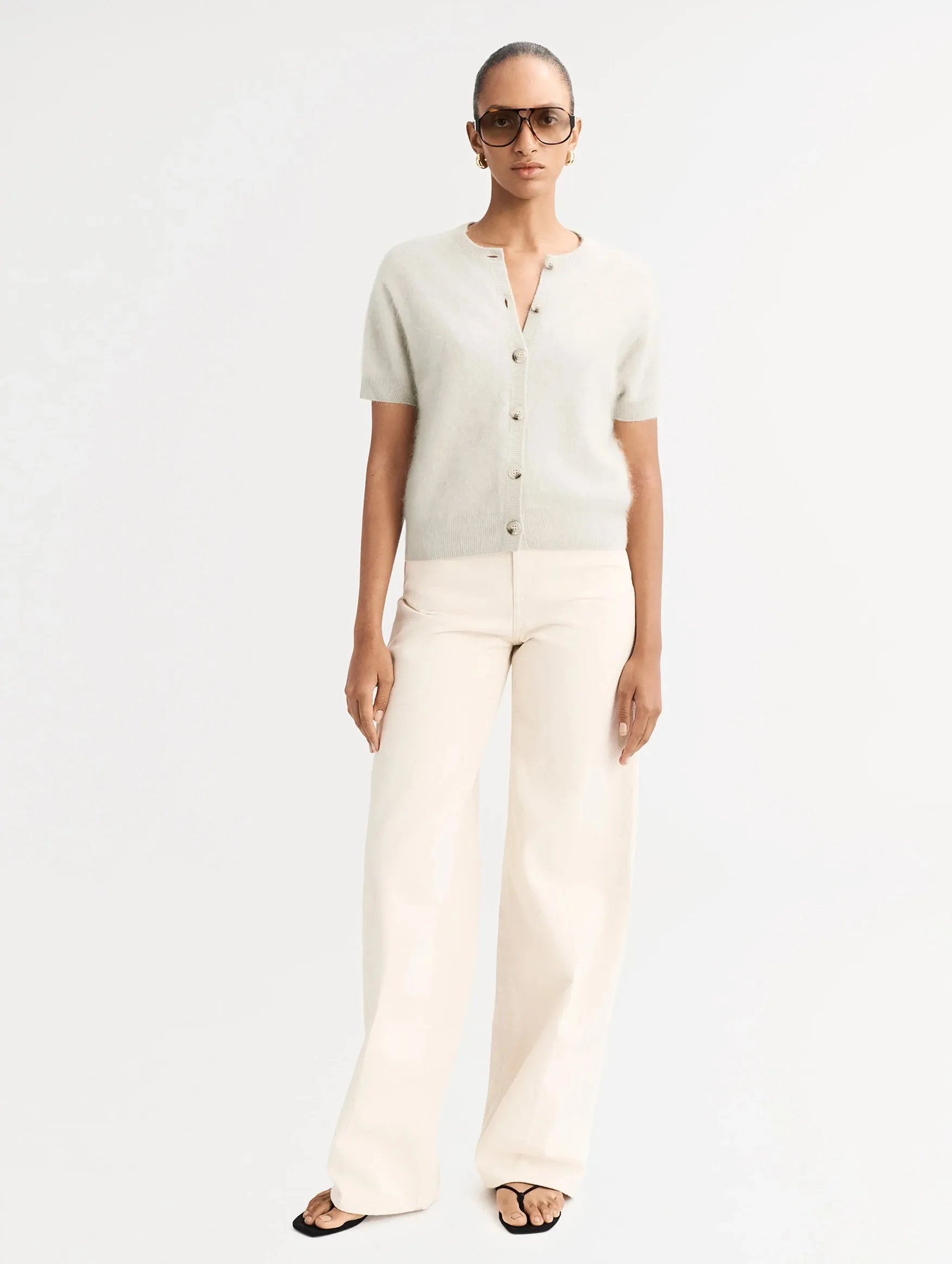 Brushed Cashmere Short Sleeve Cardigan in Chalk