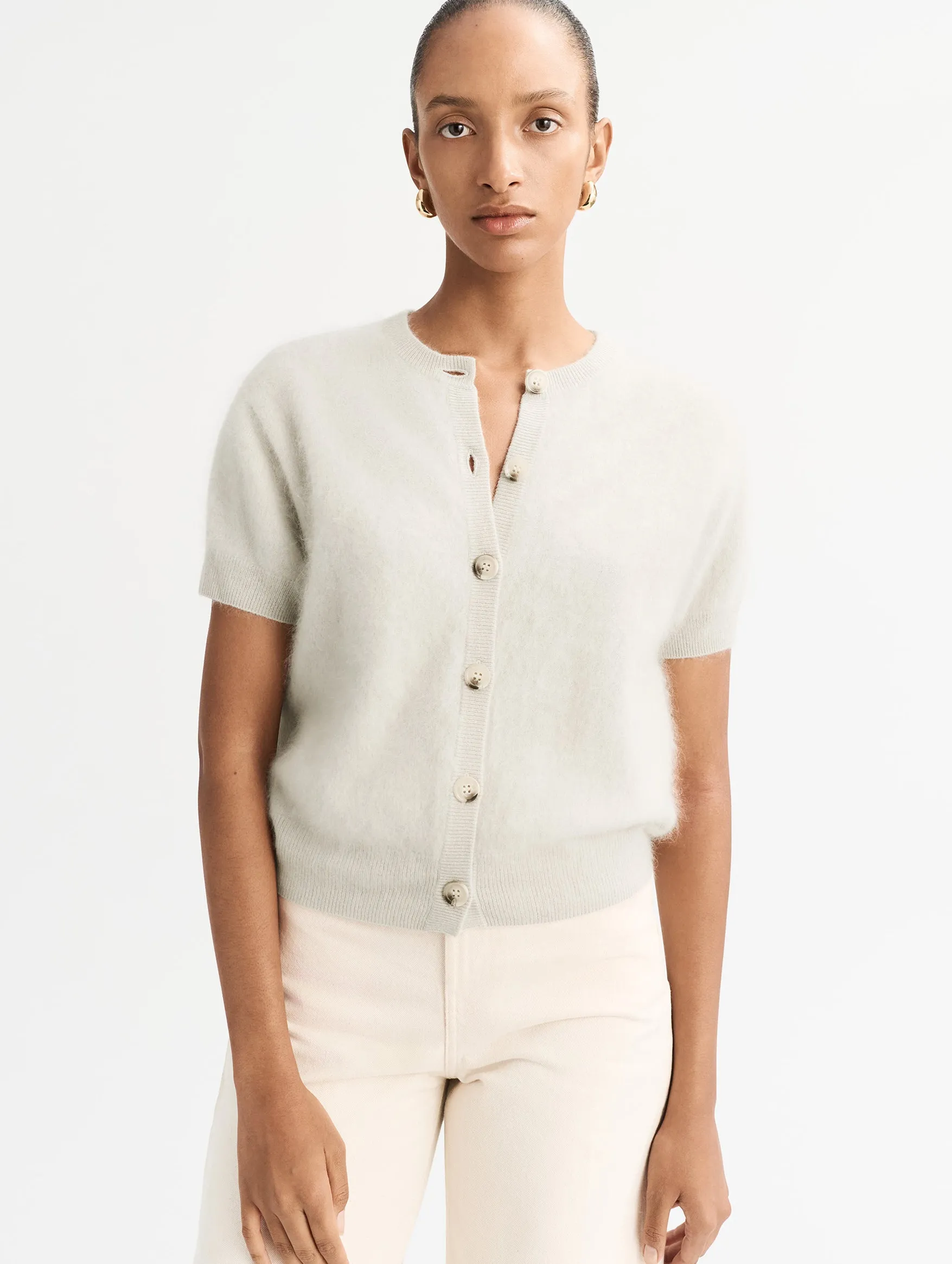 Brushed Cashmere Short Sleeve Cardigan in Chalk