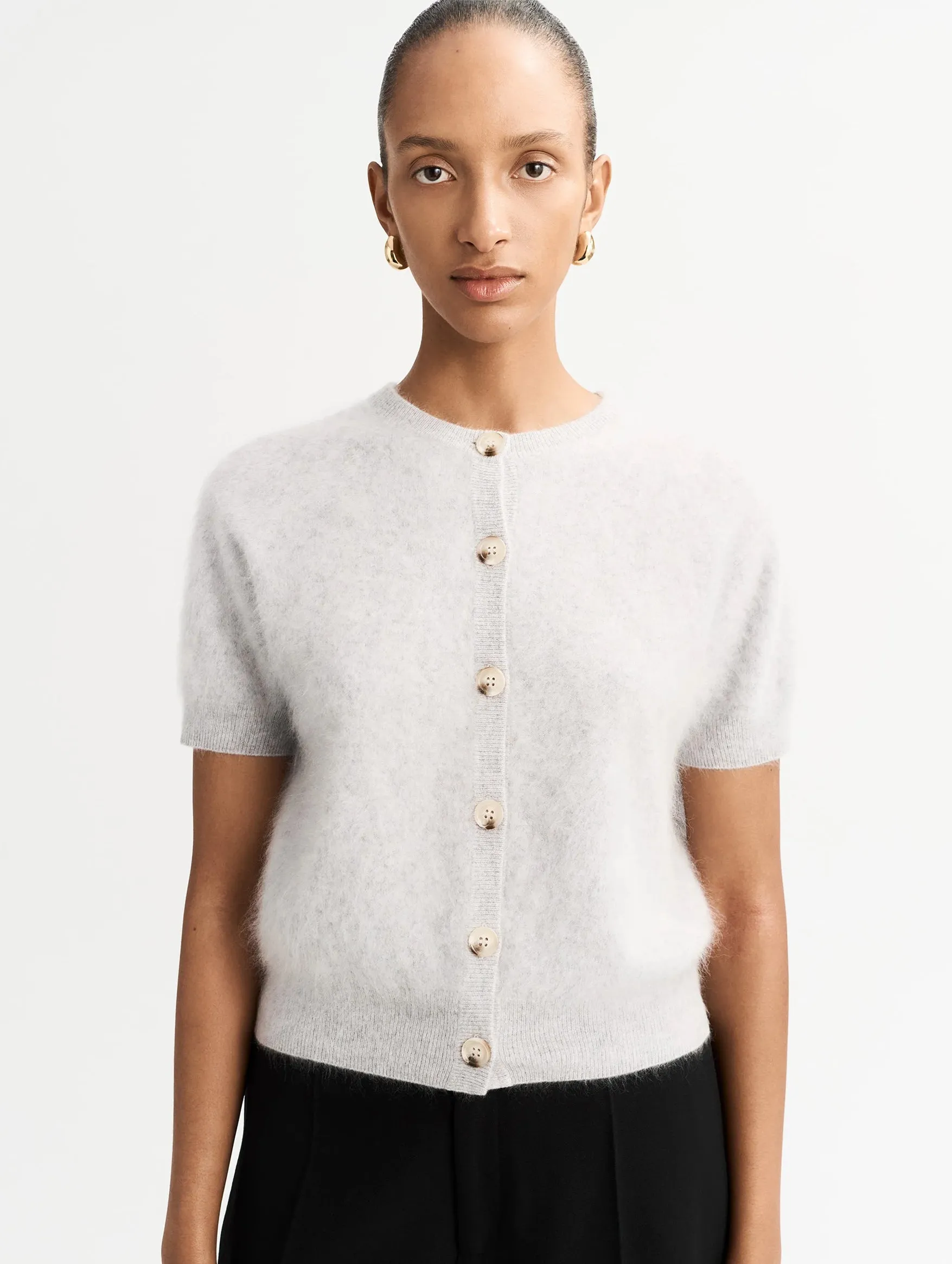 Brushed Cashmere Short Sleeve Cardigan in Grey