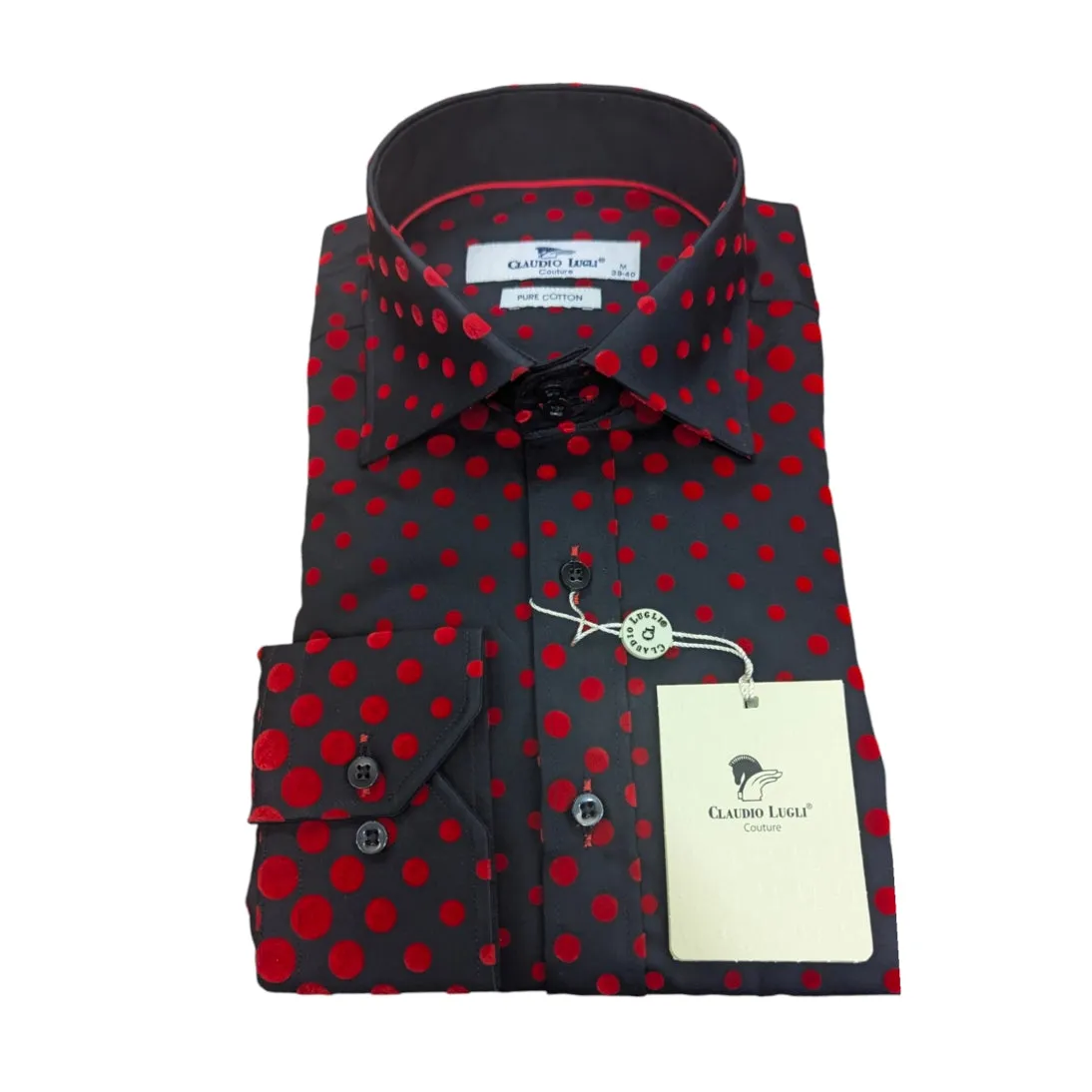 Claudio Lugli Spots Shirt Black Red Flocked Fabric CP6975 - Red