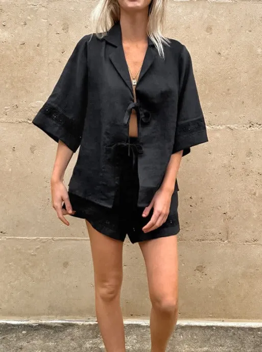 Cotton and Linen Cardigan Shorts Casual Comfortable Pajamas Two-piece Set