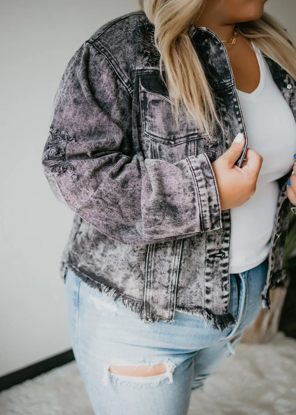 Curvy Copeland Distressed Denim Jacket FINAL SALE