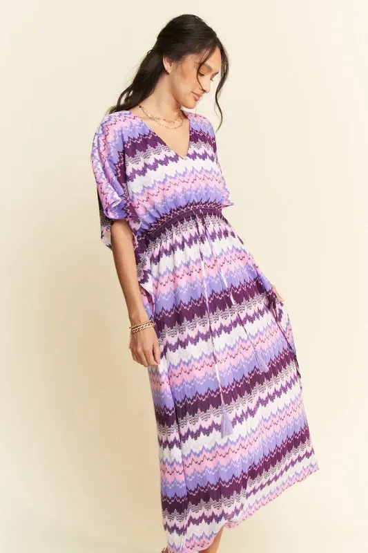 Davi & Dani Multi Color Wavy Tie Waist Flowy Sleeve Dress