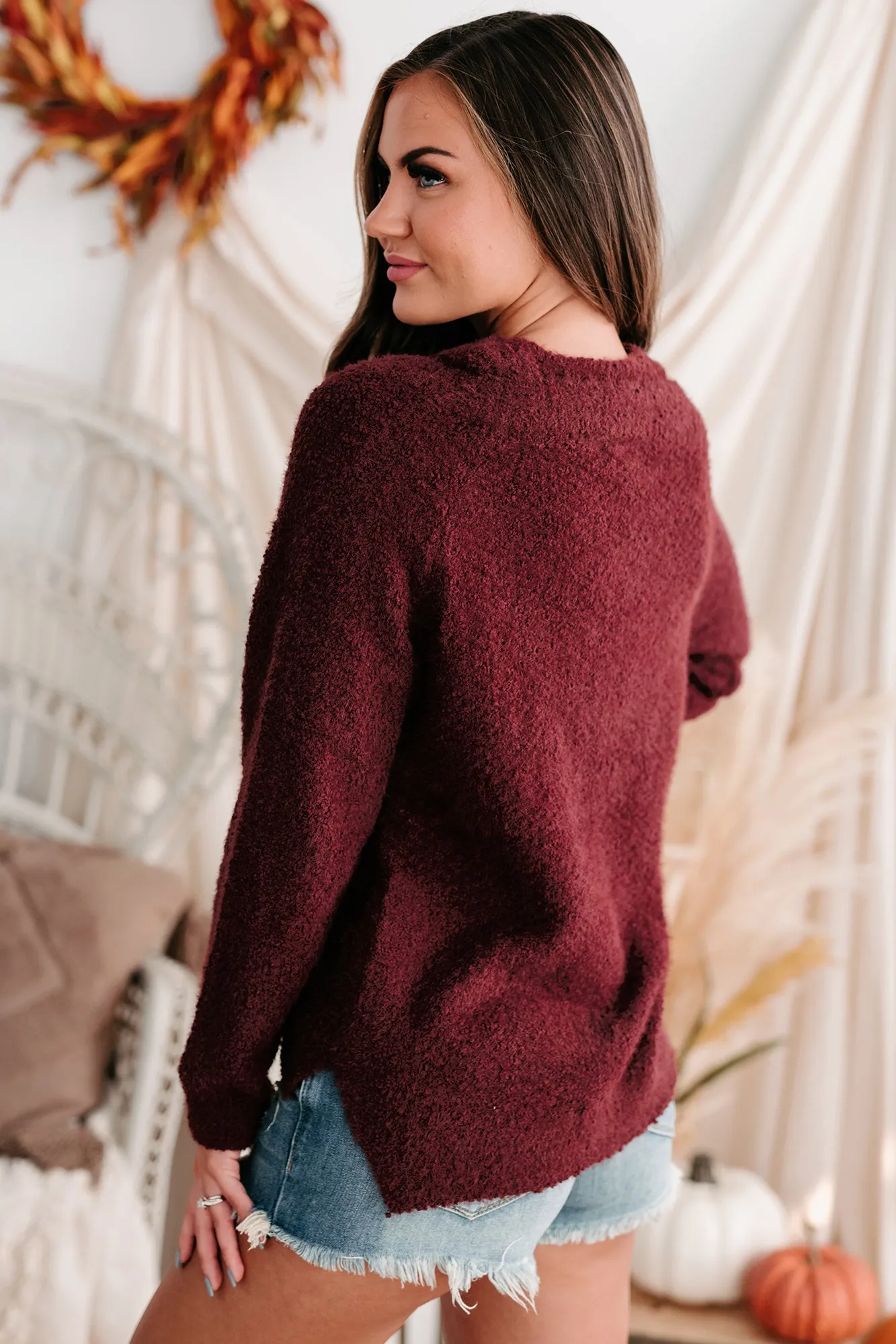 Easygoing Nature Textured Cold Shoulder Sweater (Plum)