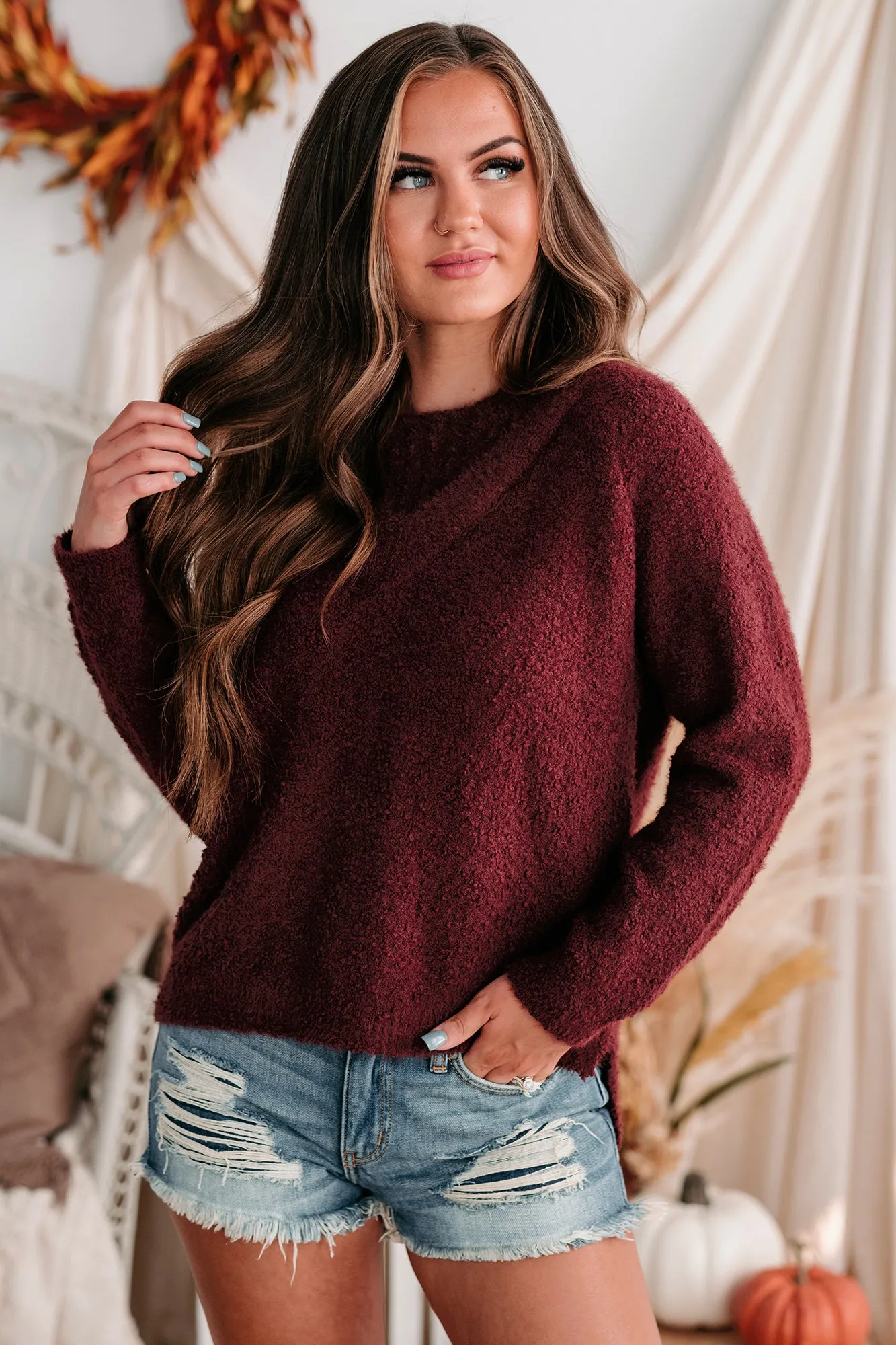 Easygoing Nature Textured Cold Shoulder Sweater (Plum)