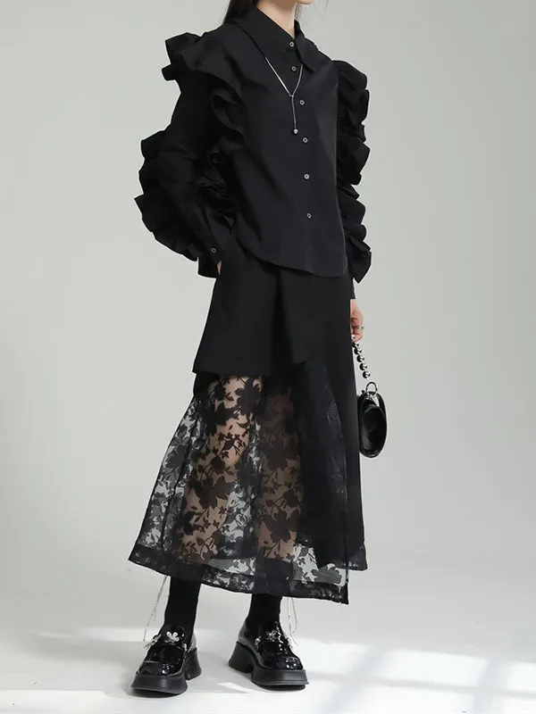 Falbala Pleated Solid Color Long Sleeves Lapel Blouses&shirts Tops