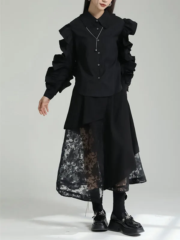 Falbala Pleated Solid Color Long Sleeves Lapel Blouses&shirts Tops