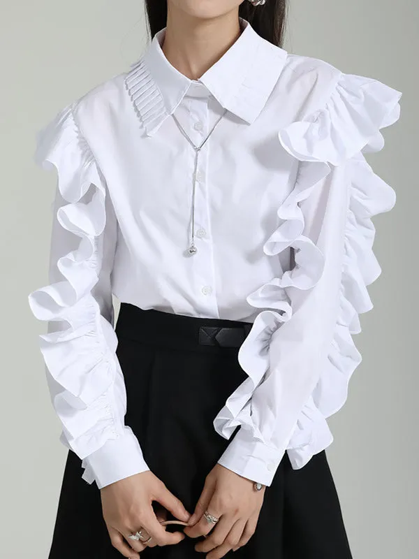 Falbala Pleated Solid Color Long Sleeves Lapel Blouses&shirts Tops