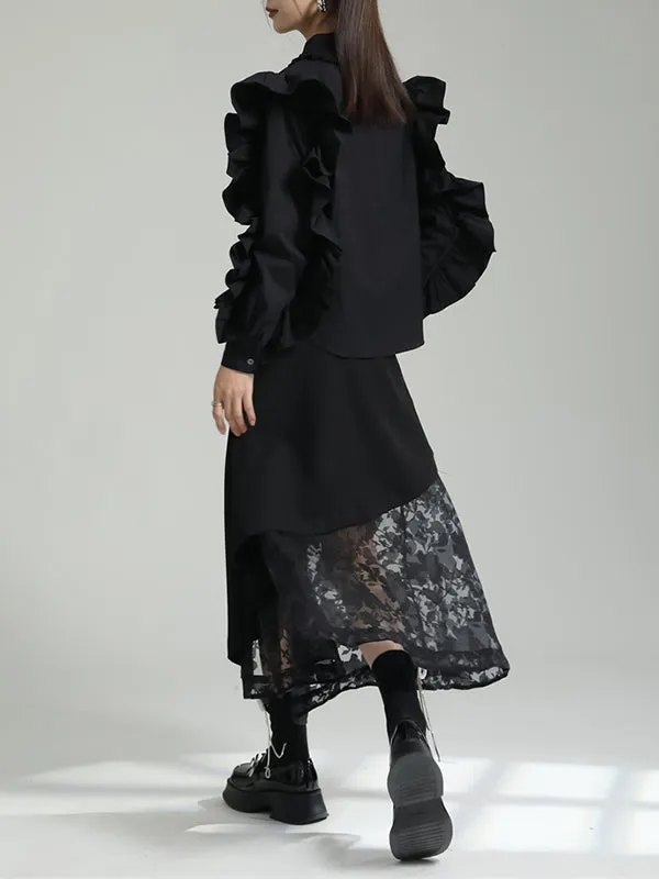 Falbala Pleated Solid Color Long Sleeves Lapel Blouses&shirts Tops