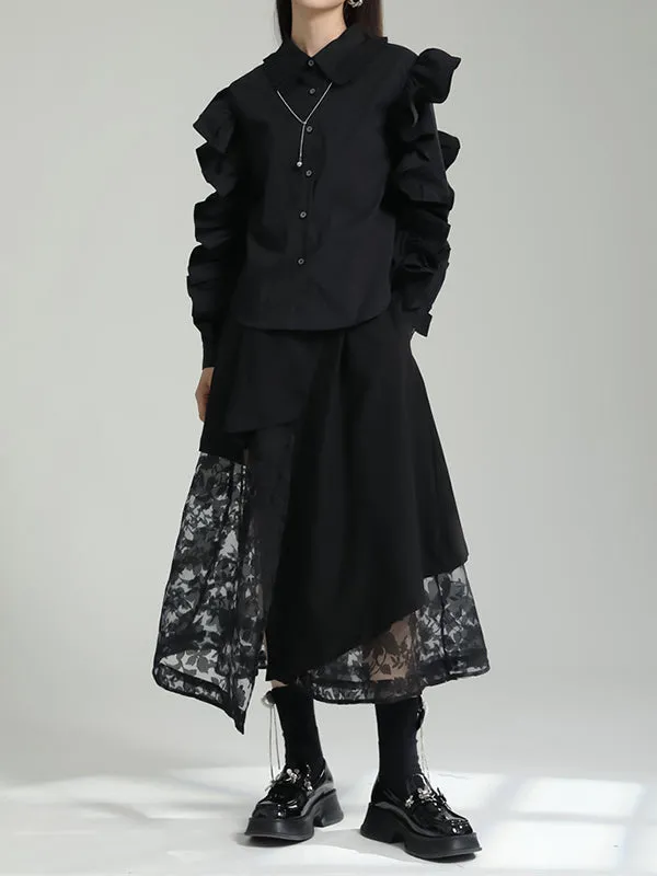 Falbala Pleated Solid Color Long Sleeves Lapel Blouses&shirts Tops